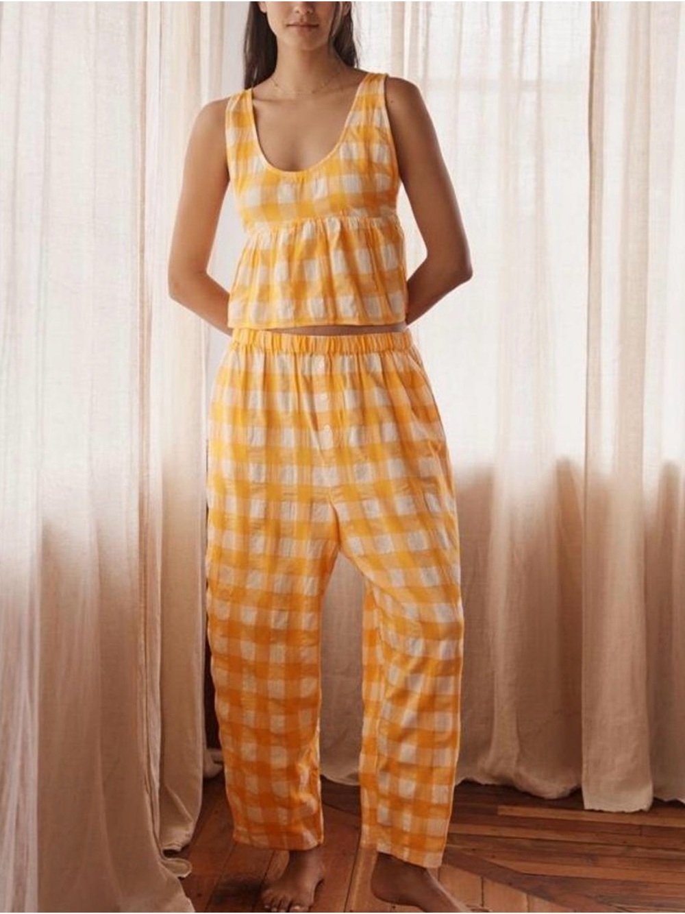 Anthropologie LyreBird Apron Swing Tank & Barrel Pant Set | Marigold Gingham | L